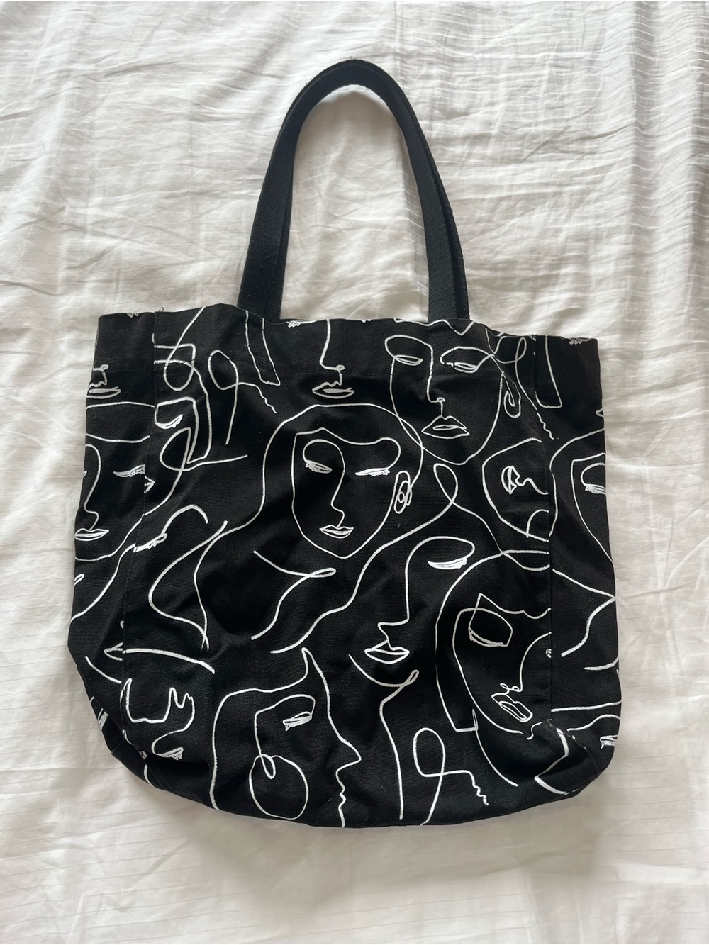 Indigo Black Tote with White Line-Art Faces